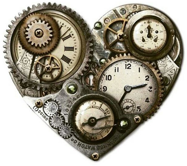 An intricate heart-shaped assembly created from vintage watch parts including gears, dials, and clock faces, symbolizing the passage of time and continuity.