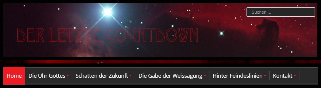 Navigationsleiste einer Webseite mit dem Titel "Der letzte Countdown" vor einem kosmischen Hintergrund, der eine leuchtende Sternenformation und diffuse Nebelwolken zeigt.
