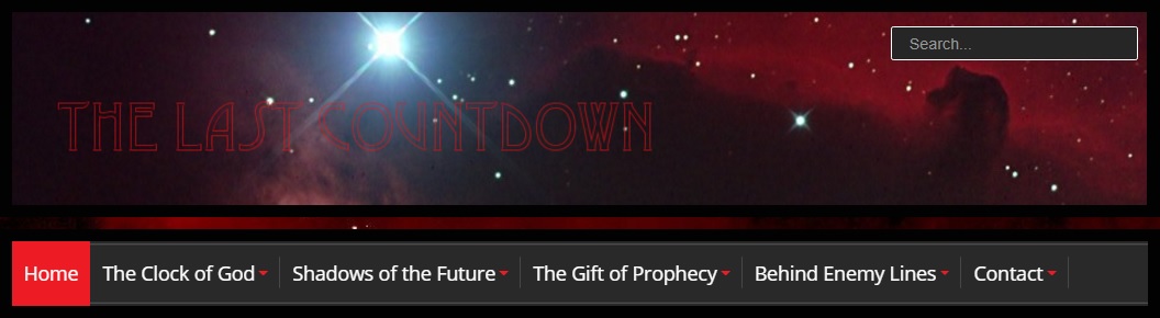 A red-tinted celestial background featuring a bright star and nebulous formations scattered with smaller stars, above a website navigation bar. The text "THE LAST COUNTDOWN" is prominently displayed in an austere font, surrounded by a dusty cosmic scene that suggests the vastness of creation.
