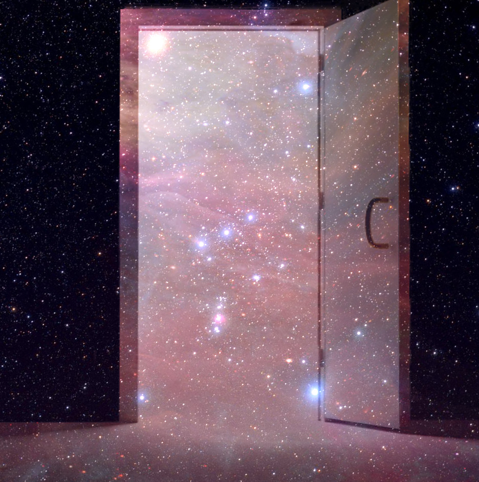 Una imagen conceptual que representa una puerta abierta que conduce desde un espacio oscuro a una escena cósmica brillantemente iluminada, llena de estrellas, nebulosas y fenómenos celestiales.