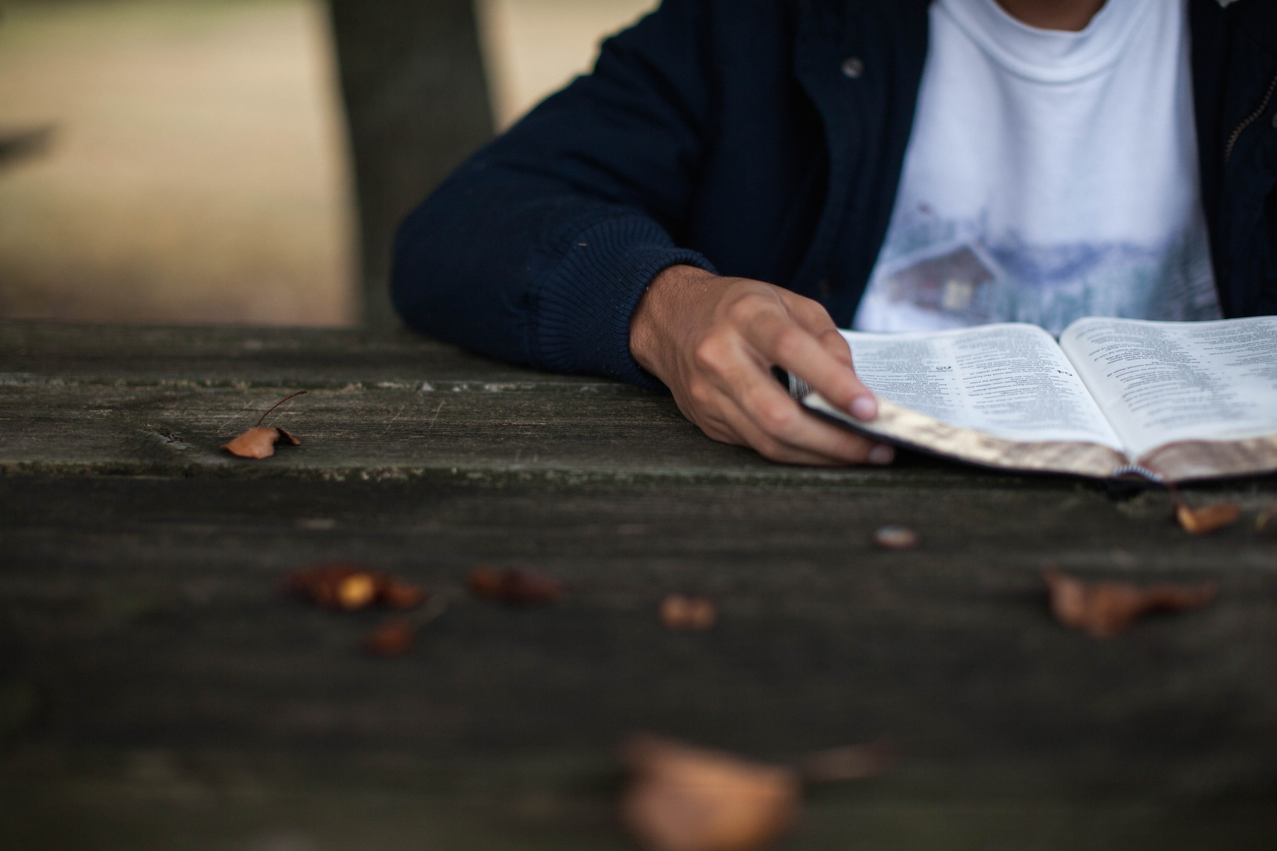 Primer plano de una persona sentada en una mesa de madera leyendo un libro abierto, rodeado de hojas secas. El enfoque se centra en sus manos pasando una página, lo que resalta un momento de aprendizaje o reflexión.