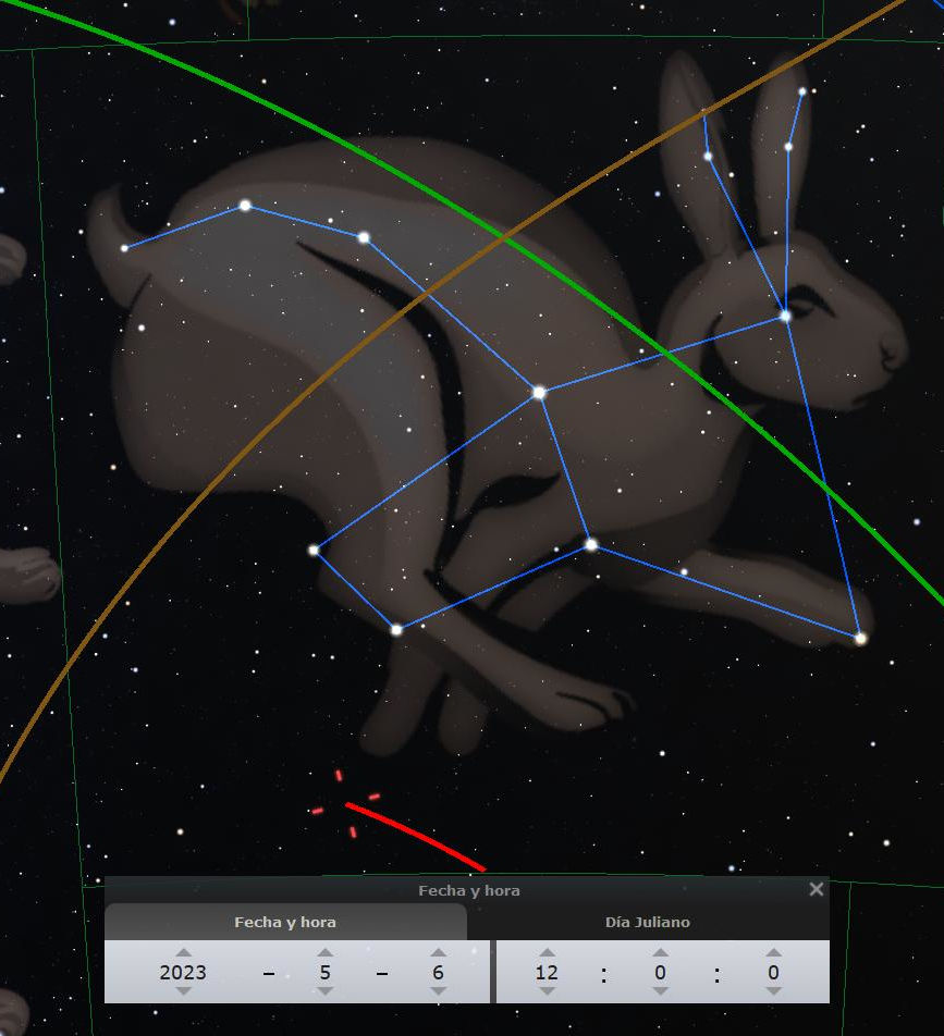 Representación gráfica de una constelación que asemeja un conejo, superpuesta sobre un fondo estrellado. Se destacan líneas azules que conectan estrellas formando la silueta, con coordenadas astronómicas visibles. En la parte inferior, una barra de herramientas muestra la fecha y hora: 6 de mayo de 2023, 12:00 AM.