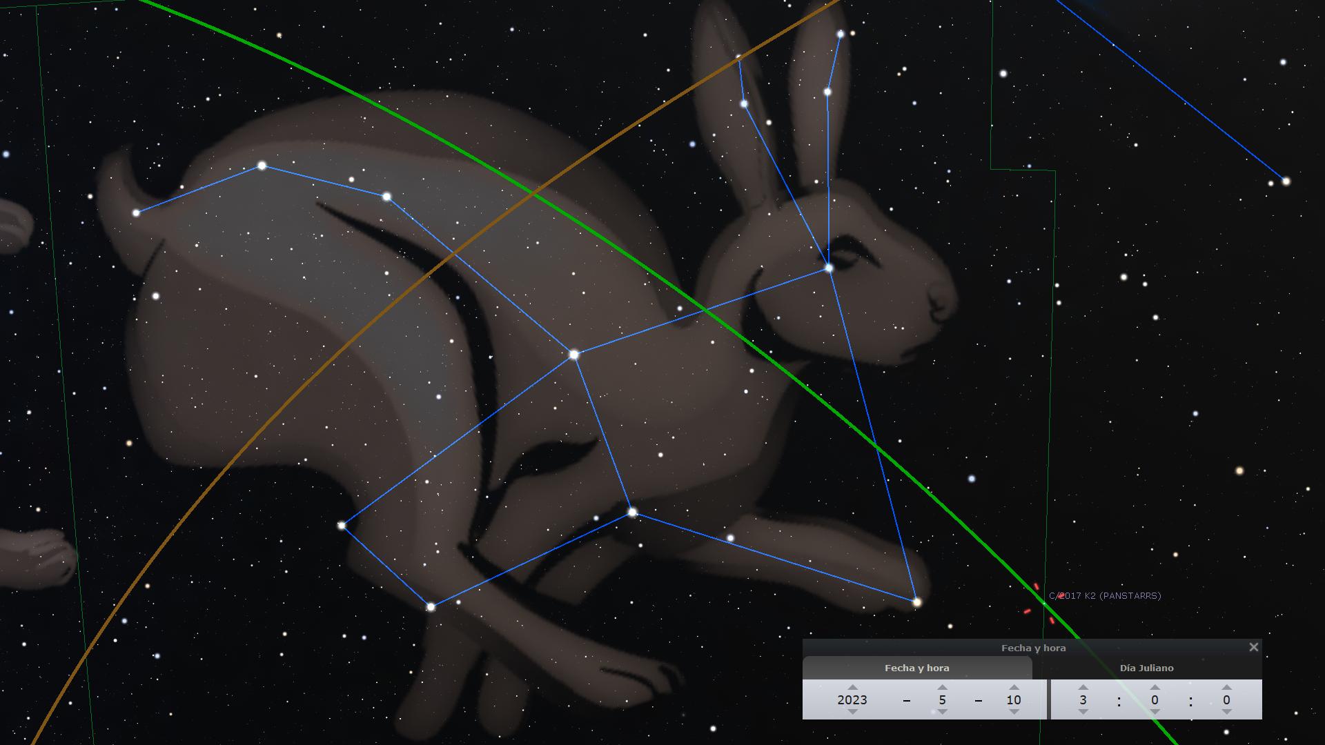 Imagen digital que representa un conejo estilizado formado por líneas blancas conectando estrellas en un fondo estrellado nocturno. El trazado simula uno de los patrones del Mazzaroth en un contexto de observación astronómica, con líneas de colores ilustrando coordenadas celestes.