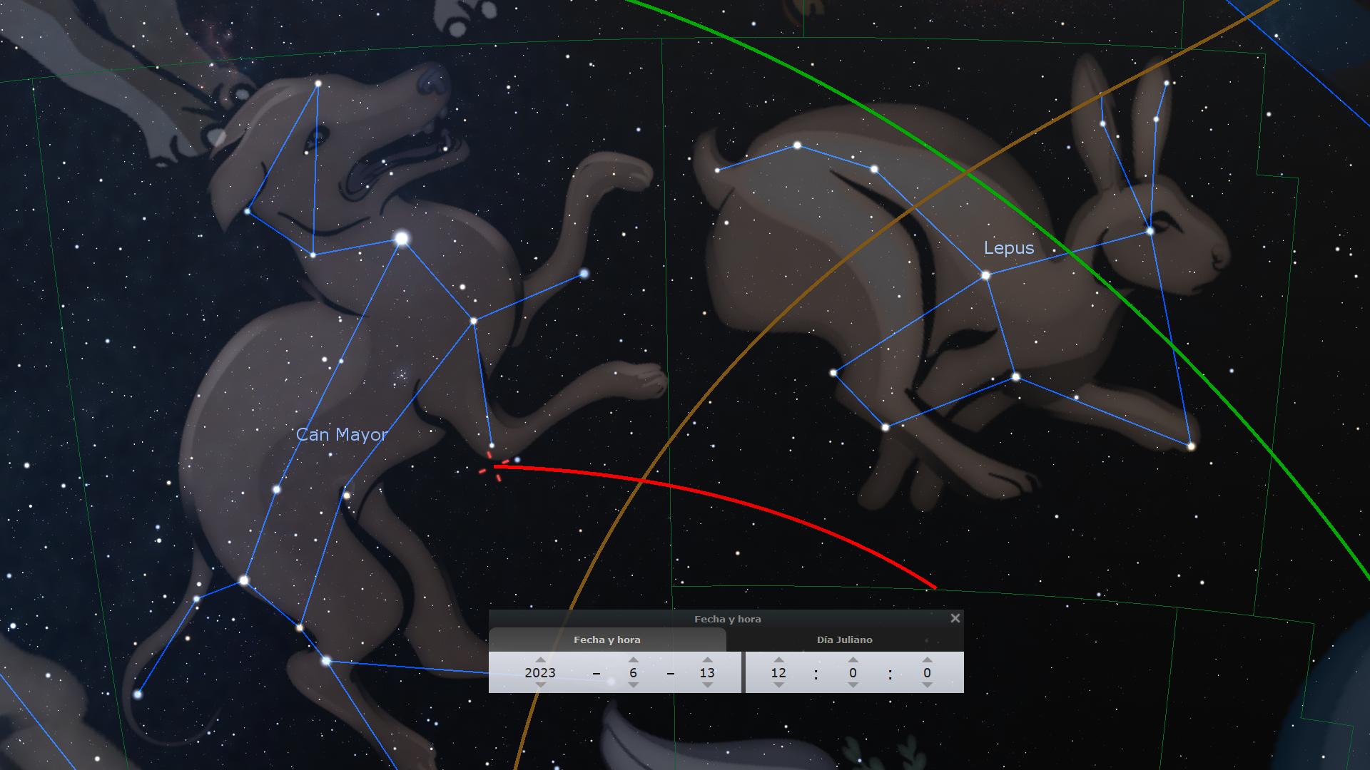 Representación artística de un sector del cielo nocturno mostrando las formas estelares de Can Mayor y Lepus, ilustradas como un perro y un conejo respectivamente, conectadas por líneas azules que forman sus figuras conforme a configuraciones estelares tradicionales. Líneas de coordenadas celestes en verde y líneas del ecuador y eclíptica en rojo atraviesan la imagen.
