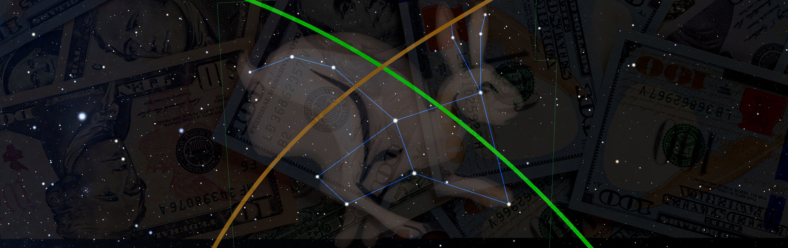 A digital composition blending elements of U.S. currency with a starry nightscape, overlaid with geometric lines tracing constellations known in biblical terms as the Mazzaroth.