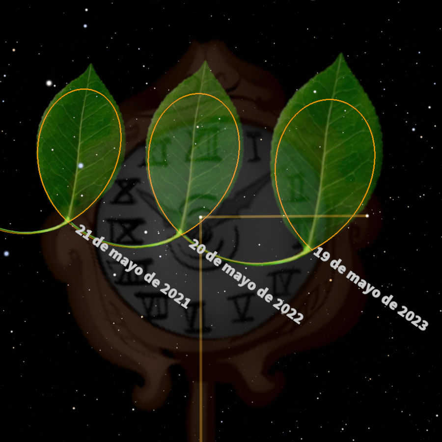 Ilustración que combina elementos de la naturaleza y la astronomía sobre un fondo estrellado. Tres hojas verdes se superponen de manera ordenada sobre un diseño circular que contiene elementos simétricos y fechas específicas en mayo de 2021 y 2023. Las hojas están conectadas por líneas curvas amarillas.