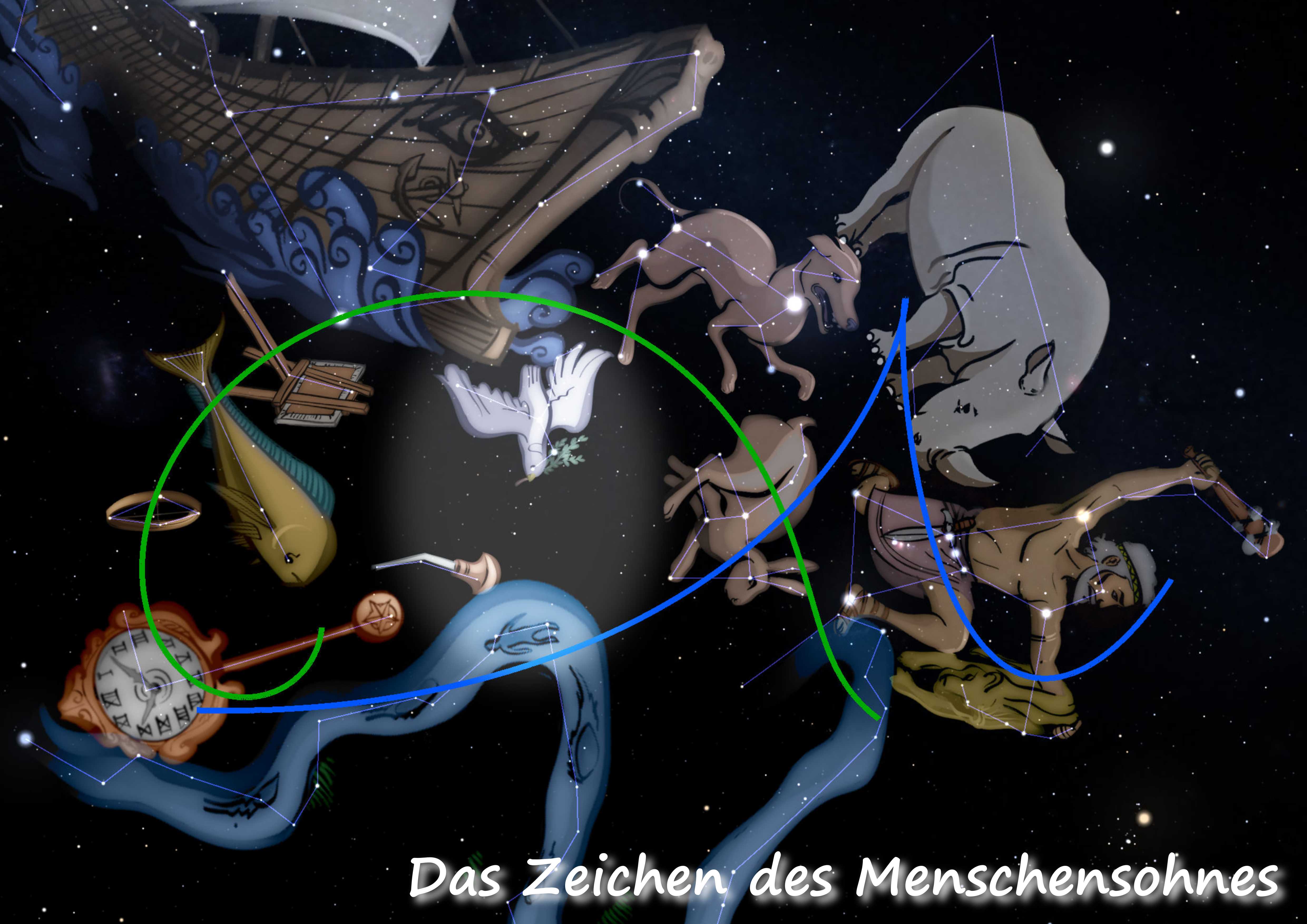 Ein darstellerisches Werk, das eine Reihe von Konstellationen des Mazzaroth zeigt, verbunden durch Sternlinien im nächtlichen Weltraum. Die Grafik umfasst verschiedene mythologisch inspirierte Figuren und Objekte, darunter ein Schiff, Tiere und astrale Symbole, angeordnet in einer dynamischen Komposition mit Sternen im Hintergrund.
