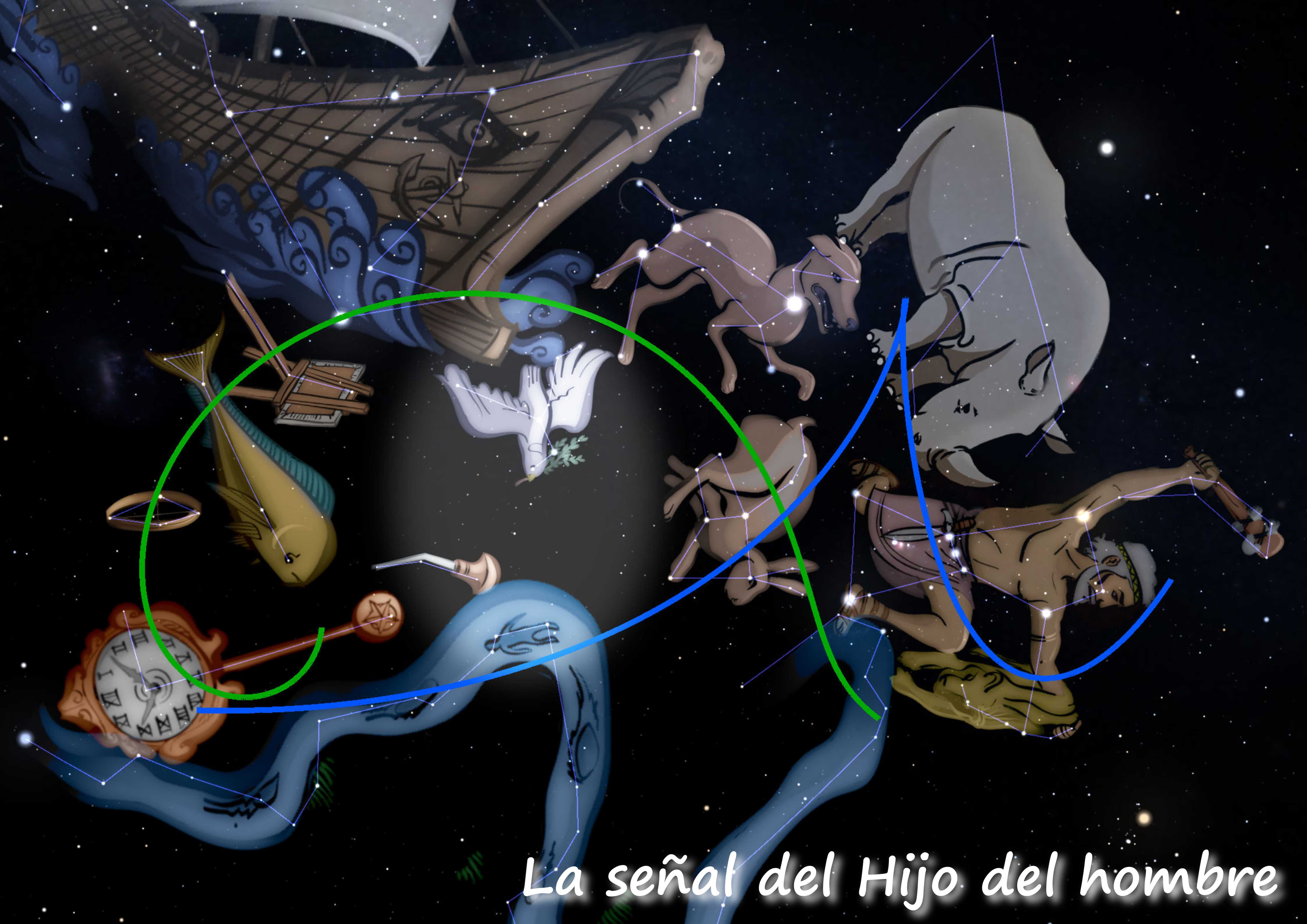 Ilustración de constelaciones y configuraciones celestiales, incluidos un barco navegando el cosmos, animales y figuras humanas conectados con líneas luminosas, orbitando alrededor de una gran esfera terrestre con símbolos arcaicos y relojes. Las figuras están dispuestas en un patrón que sugiere la Mazzaroth, bajo un fondo estrellado oscuro.