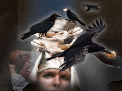 Surreal artwork depicting a woman with a stack of stones on her head surrounded by five crows, some perched and others in flight, against a cloudy backdrop with vague human forms.