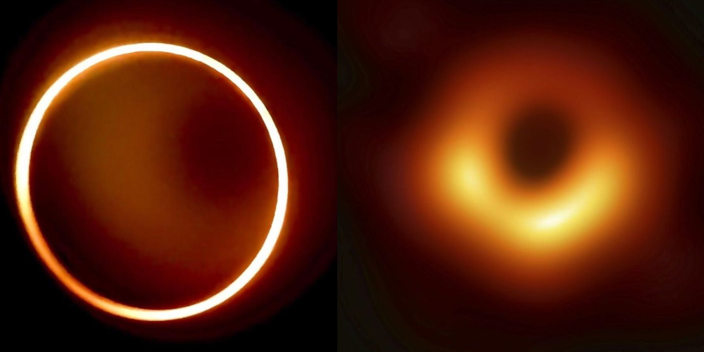 Image of a solar eclipse on the left with a bright orange ring around a central dark circle, symbolizing the dramatic concealment of the sun by the moon. On the right, an image resembling celestial objects in space, highlighted by concentric orange and yellow light patterns with a dark center, representing an astronomical view of a black hole.