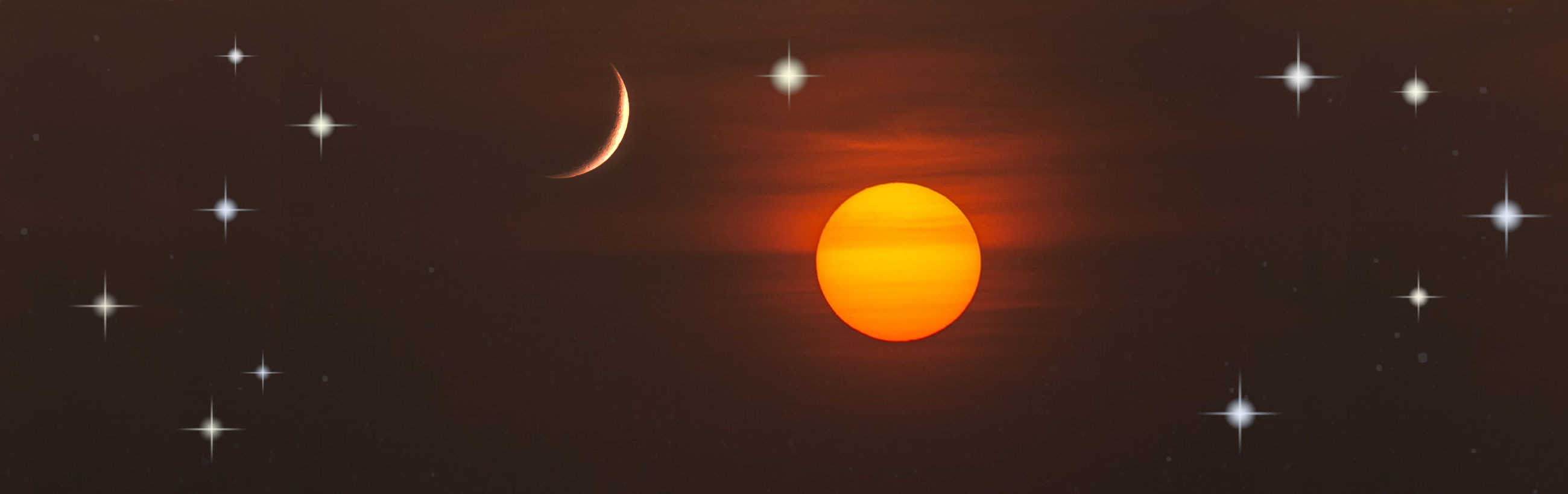 A panoramic celestial scene depicting a crescent moon and a radiant sun set against a star-studded dark sky, evoking the wonders of the Mazzaroth.