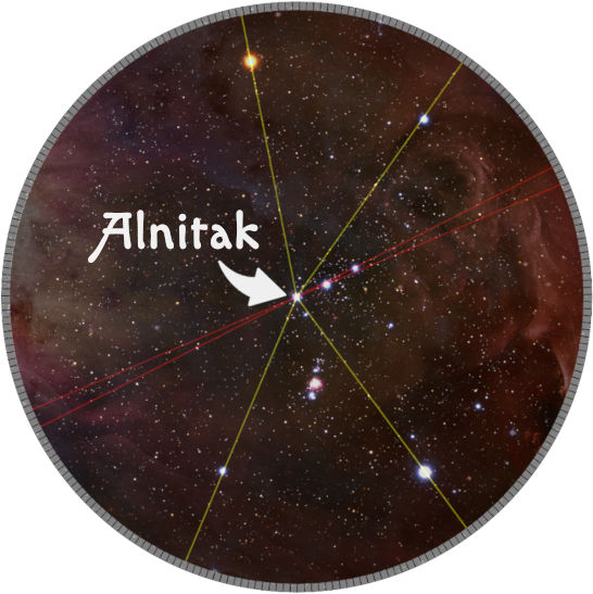 Imagen de un disco ilustrando una sección del cielo nocturno con múltiples estrellas interconectadas por líneas, enfocando la estrella Alnitak. El fondo muestra nebulosas y el cosmos.
