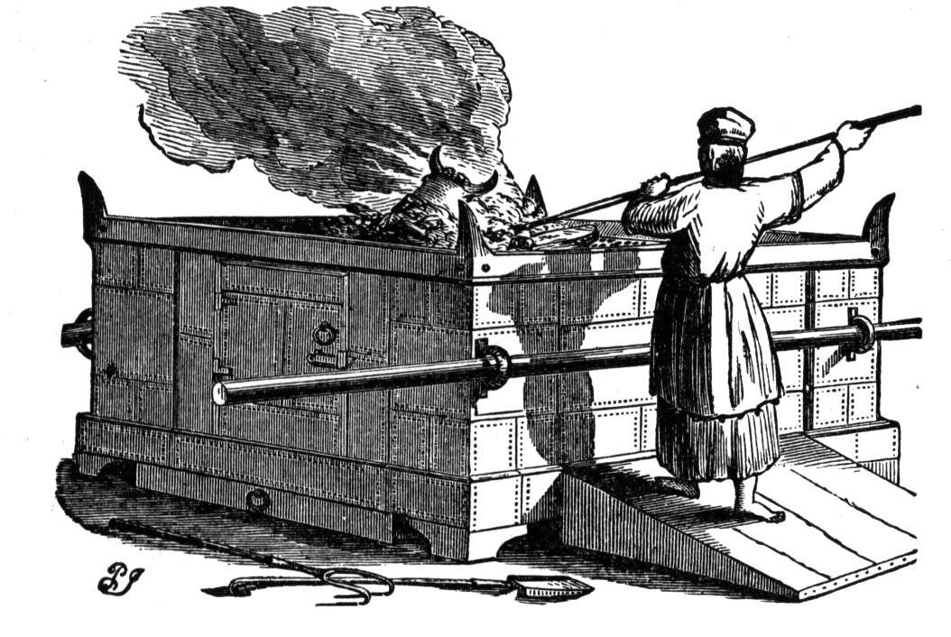 An illustration of an ancient ceremony, featuring a man in traditional attire stoking a large, smoke-billowing altar with a rod, while standing on a platform next to the altar.