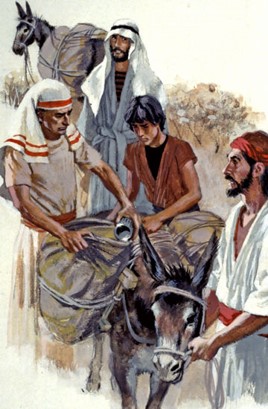 A painting depicting four men in traditional Middle Eastern attire interacting with a donkey, set in a dry, rocky landscape. Two men are helping a younger individual to mount the donkey, while another observes.