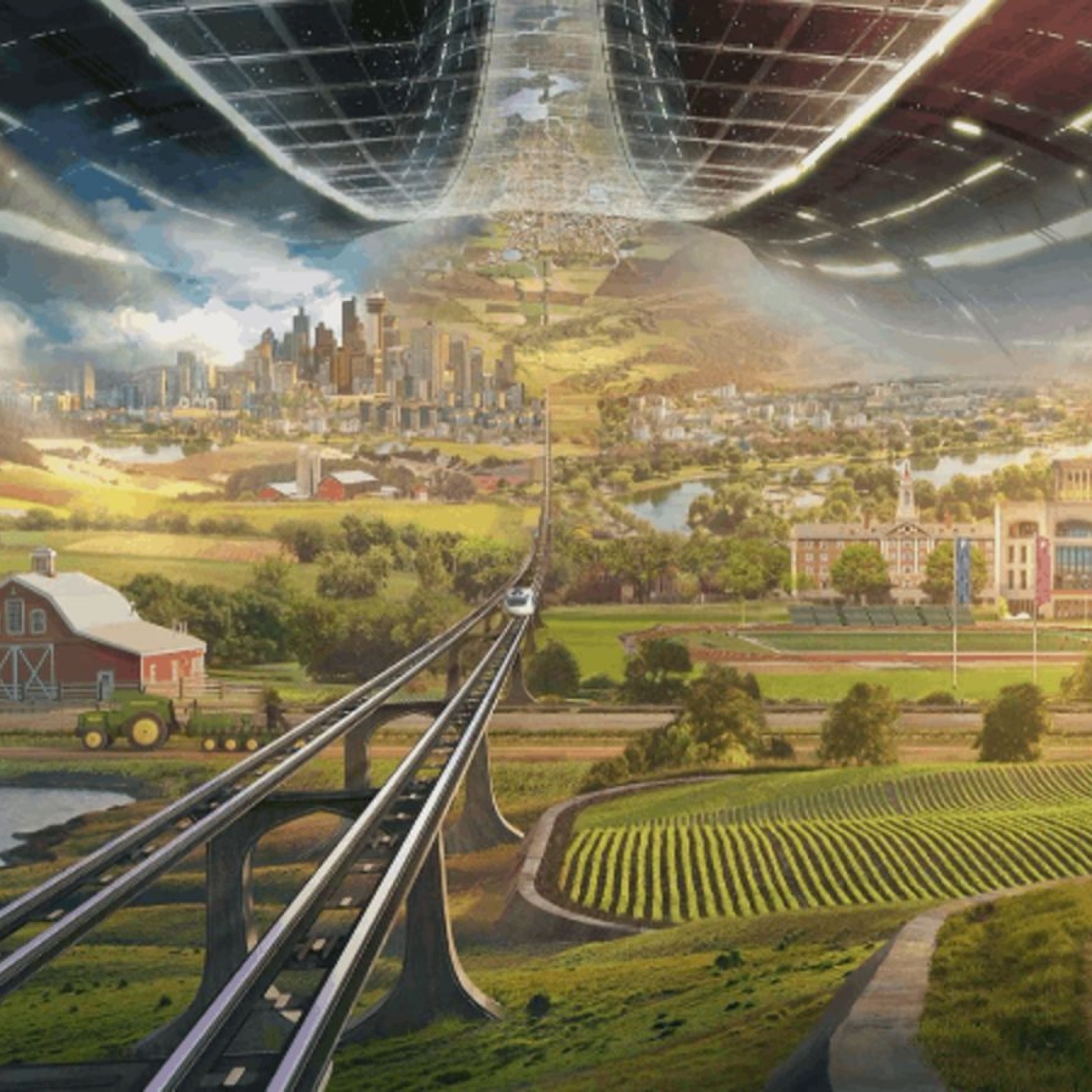 A futuristic depiction of a city under a massive dome with starry sky, featuring varying landscapes from bustling urban skyscrapers to tranquil rural settings with farms and rivers. A monorail connects these contrasting environments.