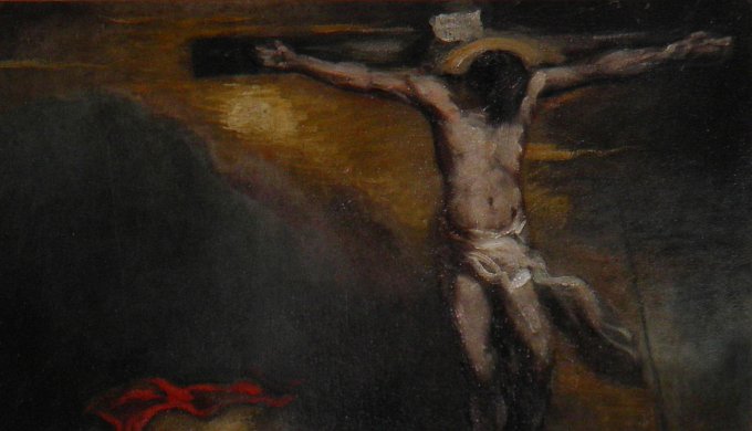 A classical painting depicting the crucifixion of Jesus under a dark sky with a distant yellow orb resembling the sun. A faint red object in the foreground resembles a celestial symbol linked to the biblical Mazzaroth.
