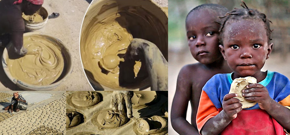 A composite image depicting various scenes: the top row focuses on the creation of pottery with close-ups of hands molding wet clay in buckets. The bottom left shows an individual with a wheelbarrow on a patterned ground, while the bottom right portrays people sculpting sand in an outdoor setting. On the right, two young children, one eating bread, appear with thoughtful expressions.