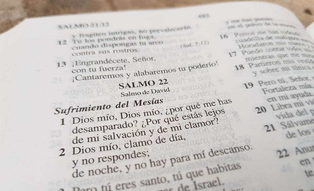 Fotografía en primer plano de una página abierta de la Biblia mostrando el Salmo 22 en español, con foco en los versículos que discuten el sufrimiento y la plegaria.