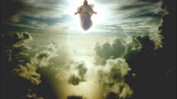 A celestial scene depicting a luminescent figure hovering above the clouds with beams of light piercing through the overcast skies, conveying a sense of divine presence in the cosmos.