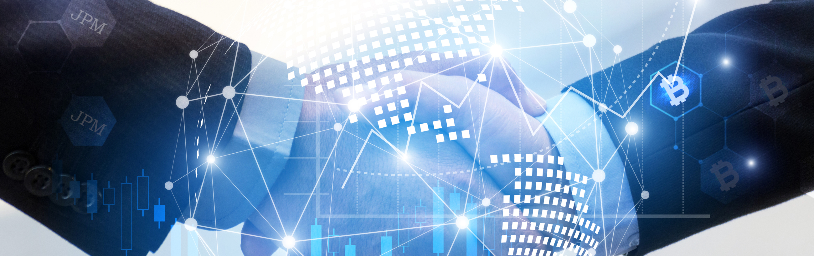 A wide panoramic image depicting a fusion of technology and financial elements under a celestial theme. It features hands interacting with dynamic graphical representations of data and networks, set against a background including motifs resembling celestial constellations in a night sky. The image encompasses elements like stylized graphs, network lines, and symbols like 'JPM' and 'bitcoin.'