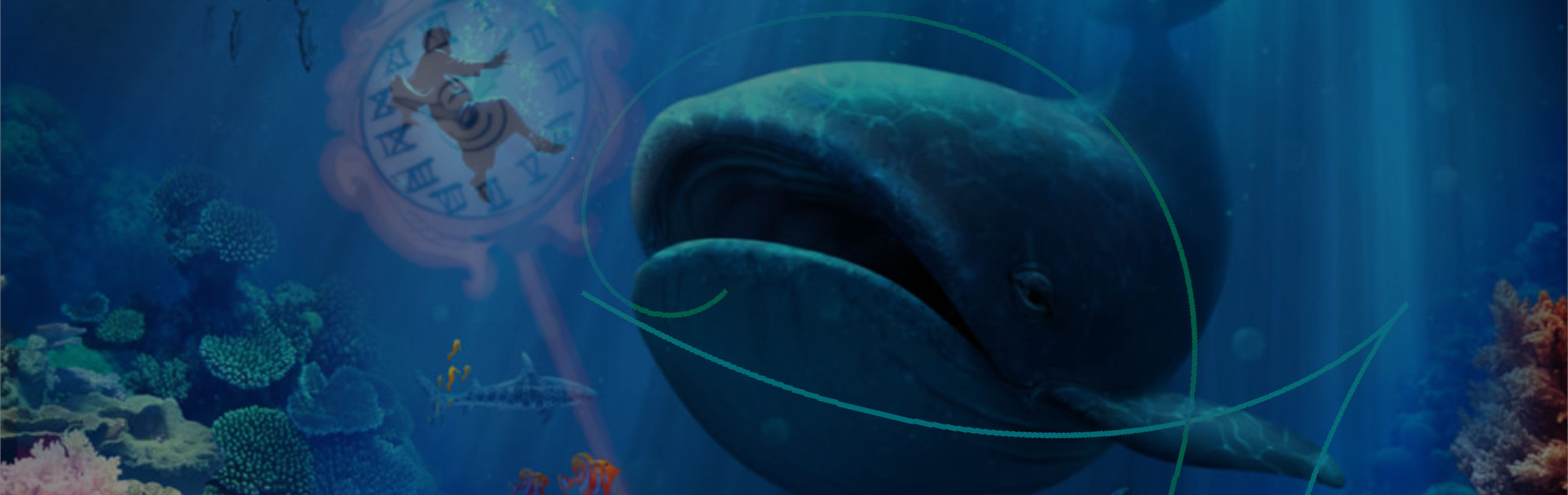 Underwater scene depicting a large whale gliding through the ocean with a translucent celestial diagram featuring a human figure holding scales, surrounded by symbols and coral reefs.
