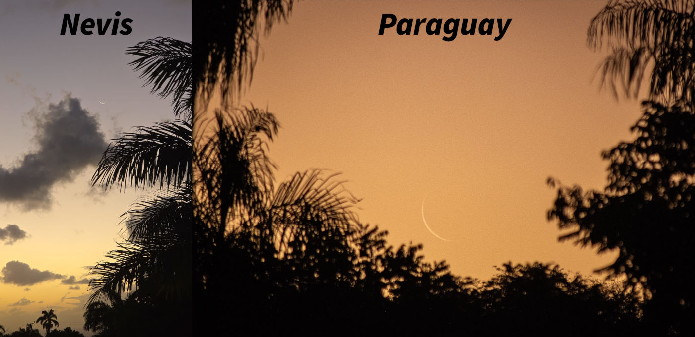 A serene split-view of two evening skies labeled Nevis and Paraguay, featuring palm tree silhouettes. On the left, a small crescent moon floats above clouds in a pastel sky, and on the right, an even thinner crescent moon hovers above a deep orange backdrop.