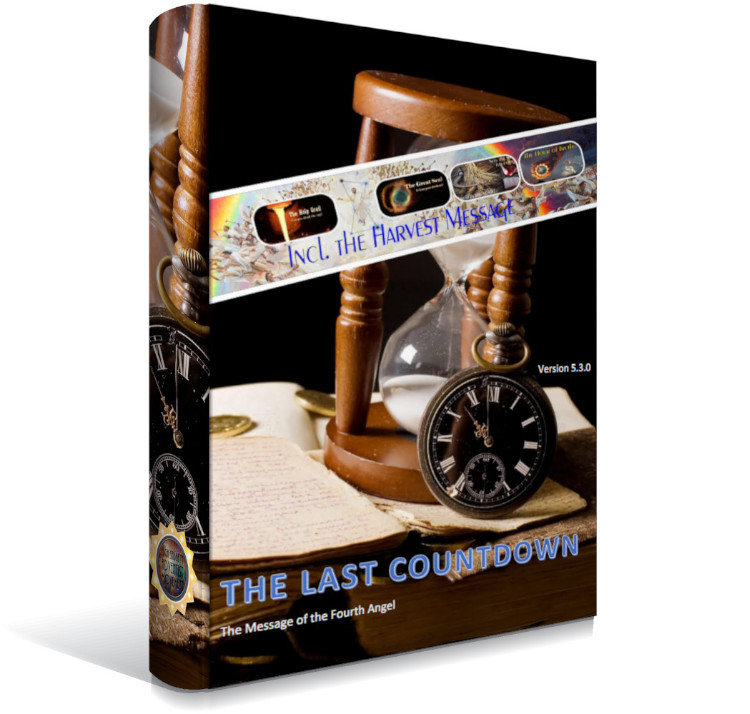 A three-dimensional rendering of a book titled "The Last Countdown," featuring images related to celestial measurements and time. The cover includes an illustration of an hourglass, a navigational compass placed on an open page, and banners with cosmic imagery, including telescopic views of celestial bodies.