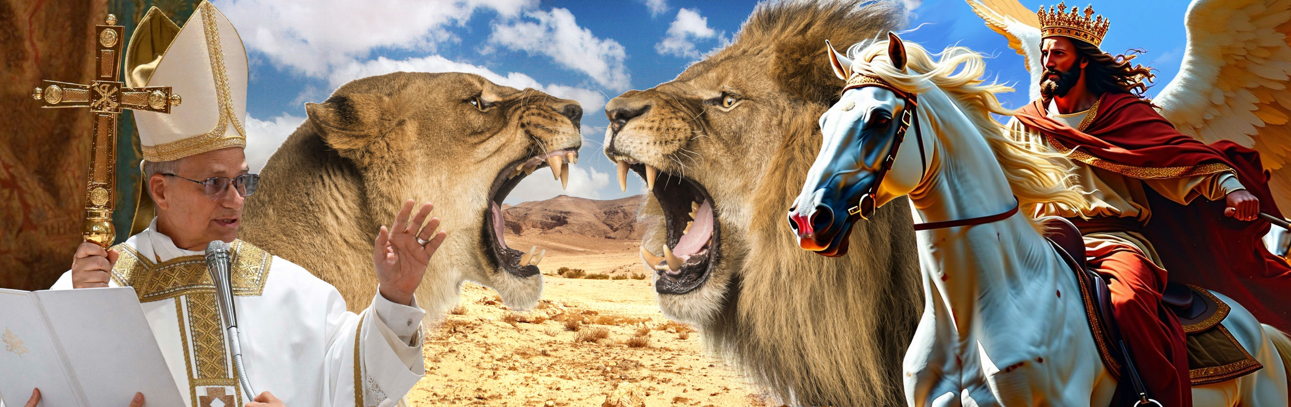 A dynamic composite image featuring a religious leader in ceremonial attire holding a cross and a book, standing beside two large, roaring lions depicted under a blue sky with sparse clouds. On the right, an illustration shows a majestic winged figure in royal attire riding a white horse, symbolizing classical narratives of rulers and celestial beings.