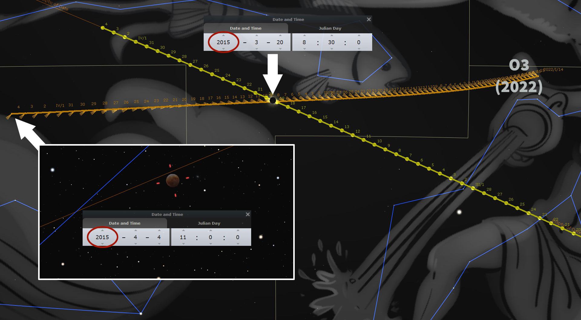 An intricate celestial navigation interface showing the movement of celestial bodies through the heavenly field. The main screen displays various important celestial events in specific years, indicated through opened detailed windows from 2015 to 2022, with paths marked by yellow dotted lines on a cosmic background. An image insert showing a lunar eclipse with Earth's shadow cast upon the moon surrounded by stars.