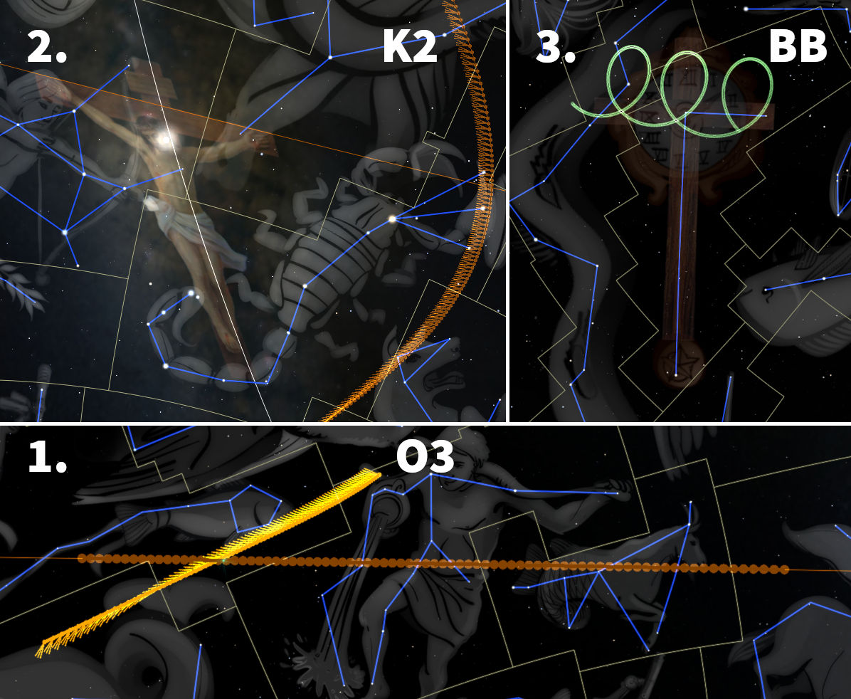 A digital artwork depicting various fragmented astronomical illustrations overlaid with complex geometric lines and annotations. These illustrations include segments of figures and symbols seemingly associated with the heavens, connected by lines representing constellations. Notable are sections labeled K2 and BB, which are highlighted by particular geometric shapes and vibrant colors like blue and orange.