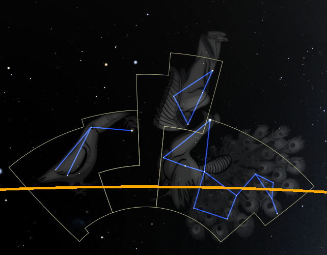 An artistic depiction of a constellation from the Mazzaroth, overlaid with geometric outlines in blue and yellow on a starry space background.