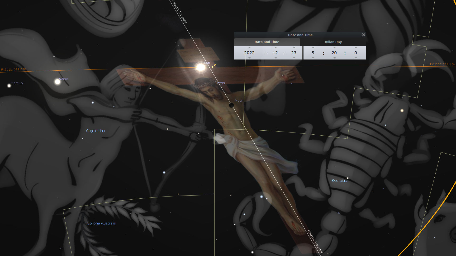 A digital astronomical illustration featuring a central depiction of a crucifixion scene with Jesus on the cross against a cosmic backdrop. Surrounding figures include illustrations from the Mazzaroth, with labels such as Sagittarius and Scorpius, alongside celestial bodies like the Sun, Moon, Mercury, and Venus. The ecliptic plane is marked with a golden line intersecting these elements.