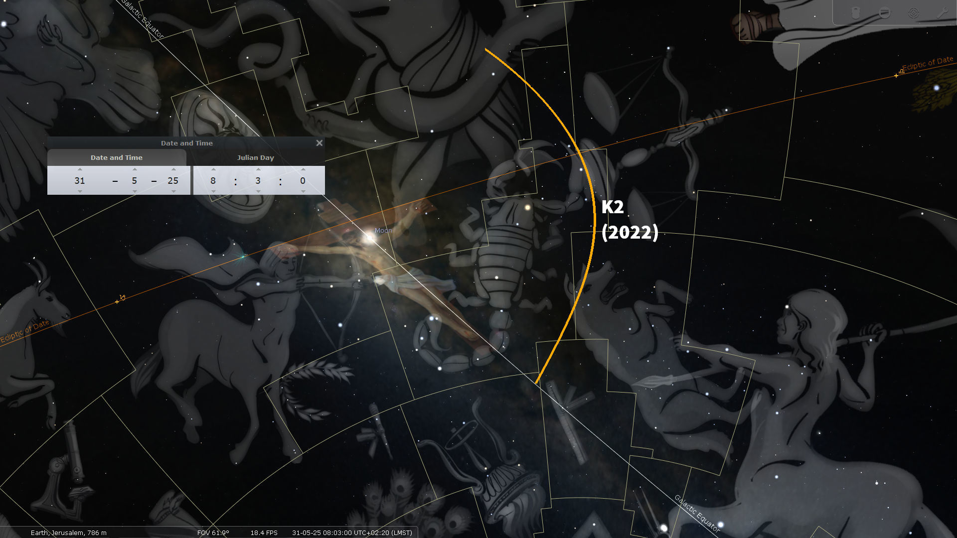 An intricate astronomical software map displays the celestial coordinates overlaid on a dark sky, showing various figures representing the Mazzaroth, along with a highlighted path of Comet K2 observed in 2022. Textual annotations include scientific terminology and a date marker for Jerusalem under the Julian calendar.