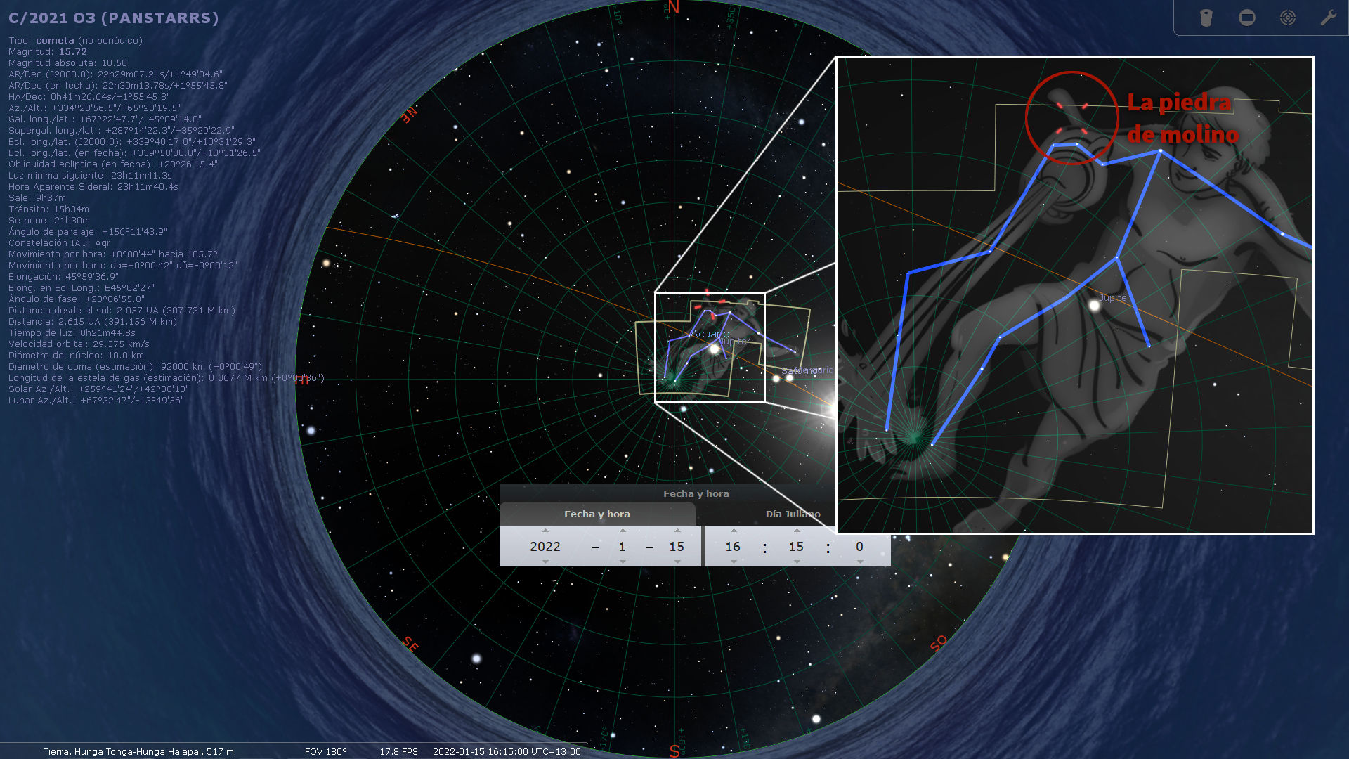 Imagen de un software de visualización astronómica mostrando un mapa celeste con coordenadas, líneas de constelaciones y la ubicación de un cometa. La imagen incluye datos técnicos sobre el cometa, como magnitud y posición, y destaca una región del cielo referida como la "piedra de molino" sin utilizar términos astrológicos específicos.