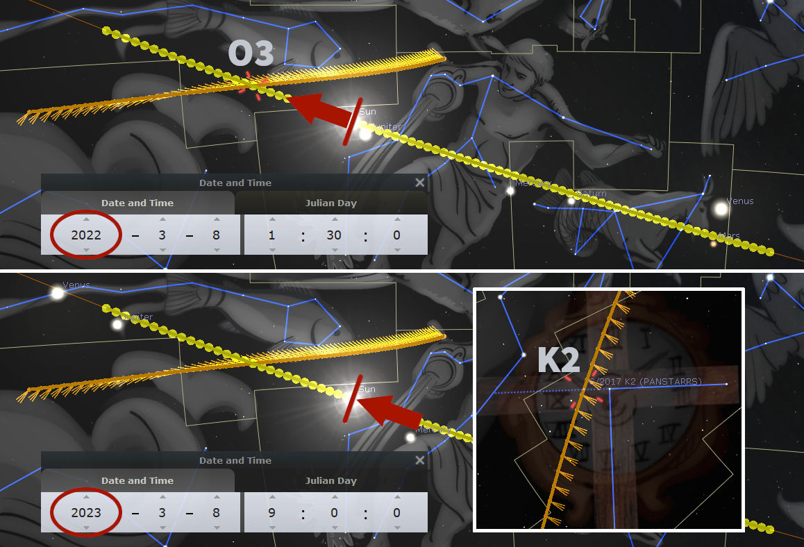 A detailed digital illustration showing a celestial tracking system overlayed on an artistic rendering of the Mazzaroth. The image focuses on a segment depicting a celestial body marked as the Sun, connected by a yellow trajectory line that crosses over two timestamped screenshots set in 2022 and 2023. Secondary insets show additional astronomical details including a reference to comet K2 with the denotation "2017 K2 (PANSTARRS)".
