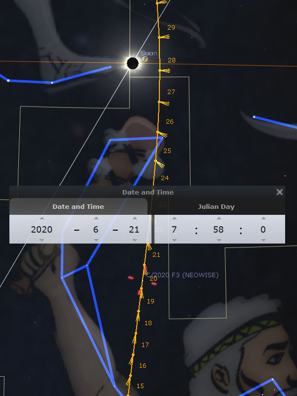 An astronomical software interface displaying a celestial event. The main view is of an eclipse with a visible corona. Illustrated paths trace the movement of the sun and a comet labeled as "2020 F3 (NEOWISE)" across the celestial sphere, intersecting figures from the Mazzaroth. The interface includes elements showing date and time settings for June 21, 2020.