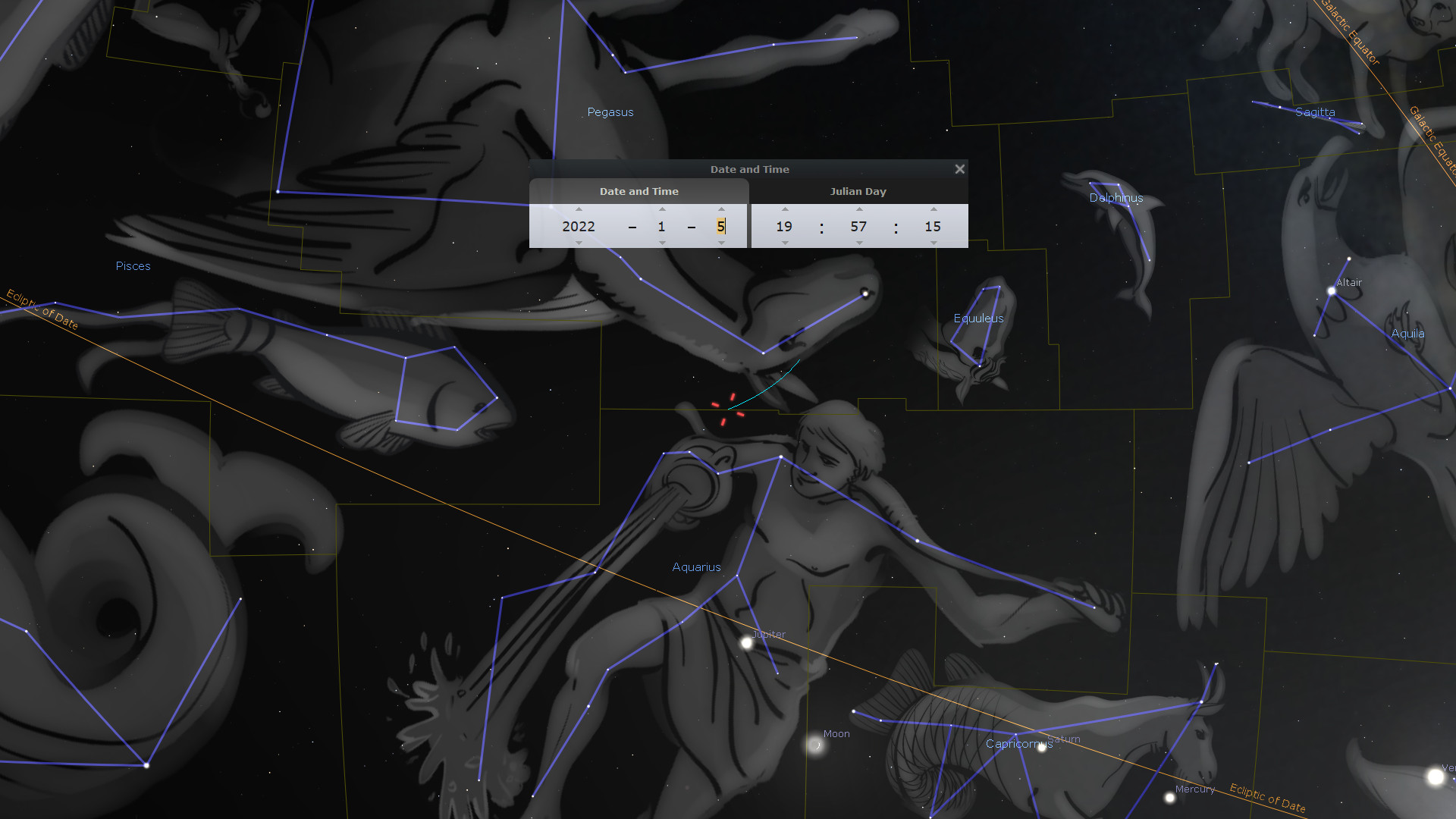 A digital depiction of the night sky featuring constellations connected by blue lines against a dark background. These constellations are illustrated as characters and animals, such as fishes and a man pouring water from a jar. The interface also displays an open dialogue box indicating the date and Julian Day.