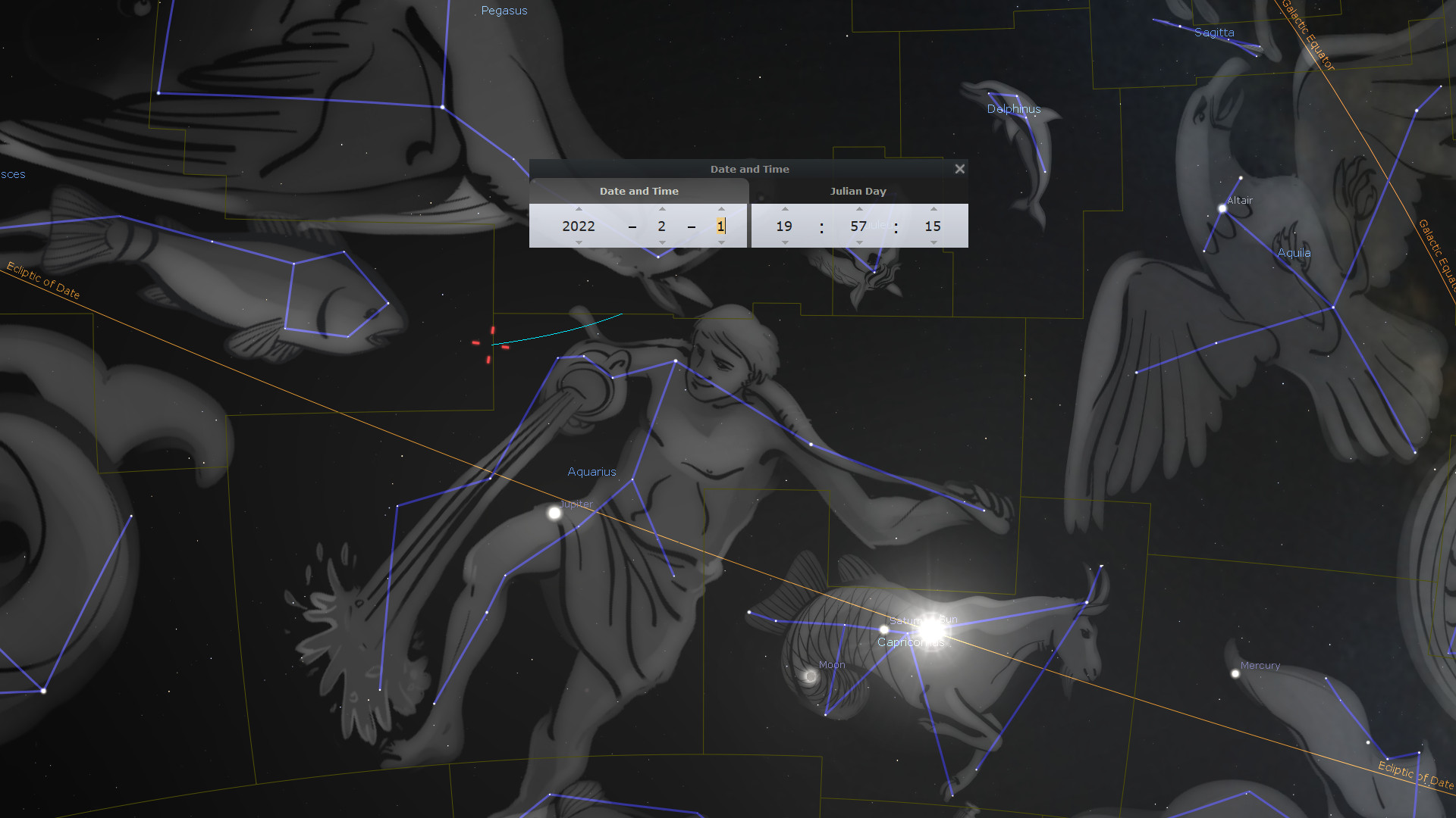 A digital astronomical map displaying various constellations outlined and connected by blue lines against a dark star-filled background. Key celestial figures include a water bearer, a fish, and a winged horse. Additional details such as the ecliptic, date and time interface showing "2022-2-1 19:57:15", and several astronomical labels are visible.