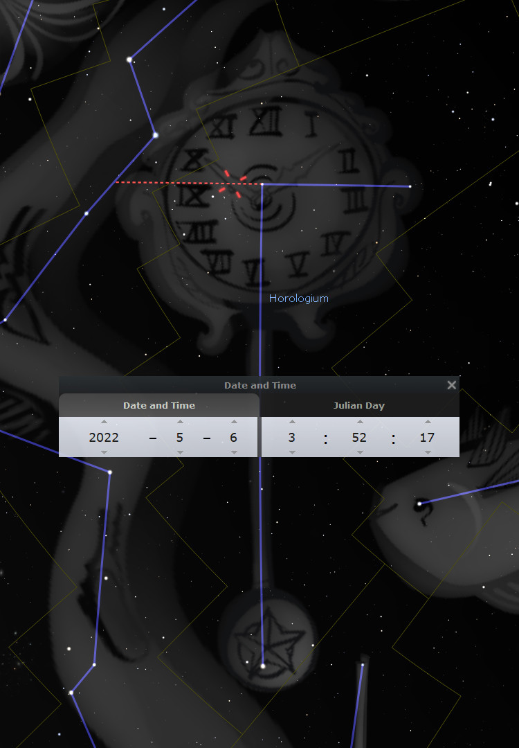 A celestial-themed graphical interface depicting various constellations, the night sky studded with stars, and an overlay of a clock face with Roman numerals. The interface includes a tool labeled "Horologium" and displays for both "Date and Time" and "Julian Day", showing a specific date and time.