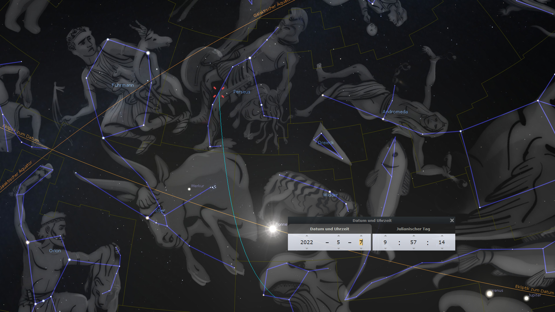 Illustration mit einer Ansammlung von Sternbildern im Weltraum, darunter Orion, Fuhrmann und Andromeda, verbunden durch Linien, die die einzelnen Sterne markieren. Einige Namen und astronomische Begriffe wie Merkur und Venus sind sichtbar. Ein Datum und eine Uhrzeit sind im Vordergrund angezeigt, die auf die präzise Erfassung des Sternenhimmels hinweisen.