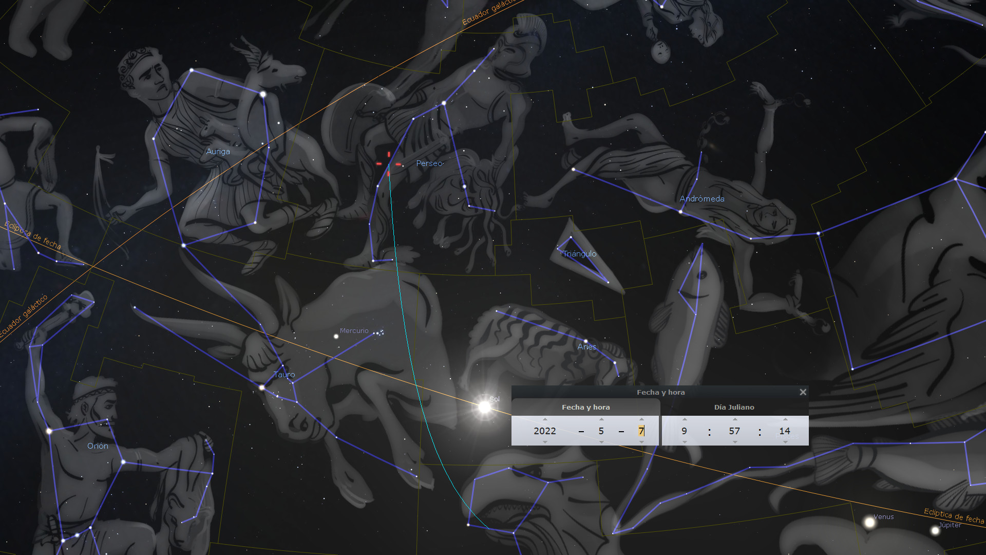 Ilustración digital de un mapa estelar expansivo mostrando diversas constelaciones con figuras humanas y animales interconectadas por líneas azules que forman patrones. Estas representan segmentos del Mazzaroth conforme a descripciones astronomía científica. La imagen incluye etiquetas de algunas constelaciones y planetas como Mercurio y Venus, complementada con la posición del sol y datos de fecha y hora específicos.