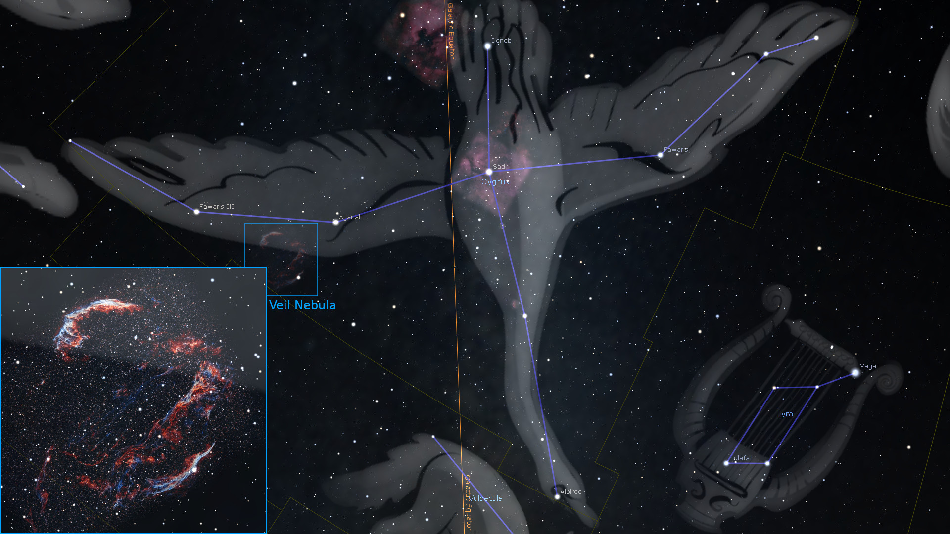 A detailed celestial map displaying various constellations interlinked by lines against the background of a star-studded sky. Notable features include the Veil Nebula visible in a lower inset showing vibrant red and blue hues. Other distinct celestial bodies and constellations such as Deneb and Vega are marked. The entire scene is overlaid with a faint illustration of two hands, suggesting the marvels and vast expanse of the heavenly firmament.