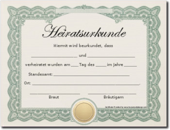 Bild einer dekorativen Heiratsurkunde mit elegantem grünen Rahmen auf cremefarbenem Hintergrund. Die Urkunde enthält leere Felder für Namen, Datum und Ort, ergänzt durch ein Siegel unten rechts.