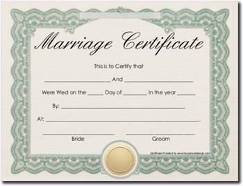 A vintage marriage certificate with a green ornate border featuring blank spaces for names, wedding date, and location. A gold seal is visible at the bottom center.