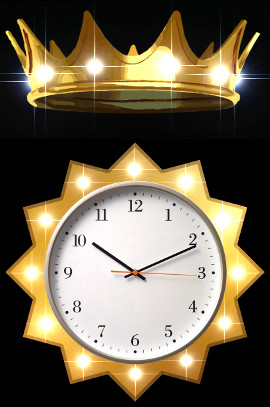 An image showing a golden crown above a wall clock encircled by golden rays that resemble a starburst. The clock has black hands indicating the time of 10:09.