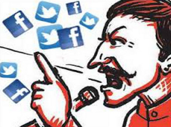 Illustration of a man energetically speaking into a microphone, with icons of Facebook and Twitter emitting from his mouth.