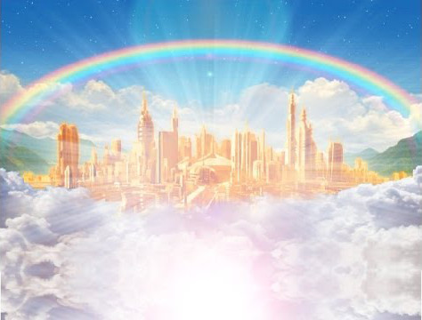 A vibrant image depicting a futuristic cityscape above the clouds, with a vivid rainbow arching in the clear blue sky. Sunlight radiates brilliantly from the center, illuminating the scene.