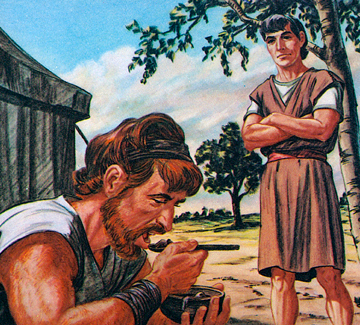 An illustration depicting two men in ancient attire, set in a rural area. One man is seated, eating from a bowl, whilst the other stands behind him, observing. They are under the shade of trees, with a clear sky visible in the backdrop.