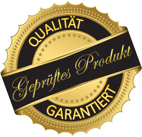 Schwarz-goldenes Gütesiegel mit Sternen und den auf Deutsch eingravierten Worten „Qualität“, „Geprüftes Produkt“ und „Garantiert“, umgeben von einem dekorativen Kreisrand.
