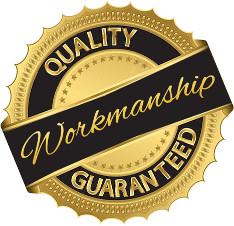 A decorative emblem featuring a black banner with the words "Quality Workmanship" across the center in gold letters, encompassed by a golden circular border with the inscription "Guaranteed" at the bottom. The emblem evokes a seal of reliability similar to those used to mark excellence and trust in services and crafts throughout history and Biblical times.